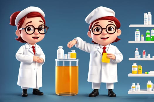 The image shows a group of people in lab coats standing in front of shelves filled with various bottles and jars.