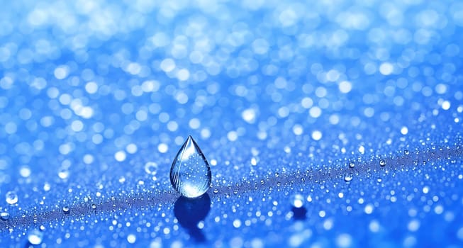 The image shows a droplet of water on a wet surface with a blurred background.