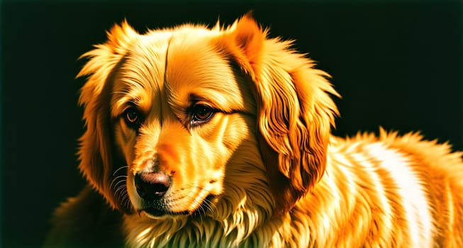 The image shows a golden retriever sitting on the ground with its head tilted to the side and its eyes looking off into the distance.
