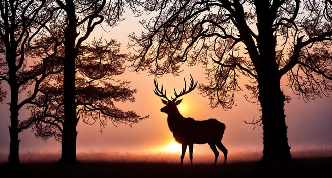 The image depicts a deer standing in a misty forest with bare trees in the background.