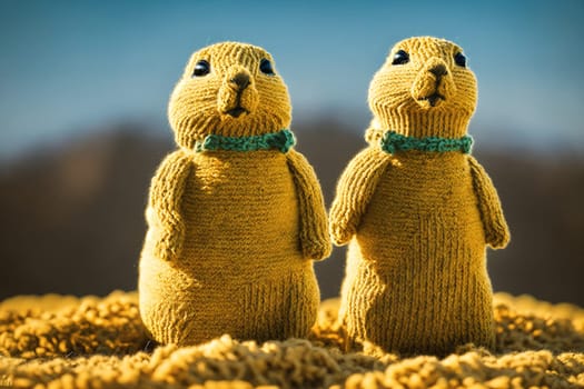 The image shows two stuffed animals, one wearing a blue sweater and the other wearing a green sweater, standing on top of a pile of sand.