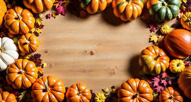 The image shows a group of pumpkins arranged in a circle on a wooden background, surrounded by leaves and other fall foliage.