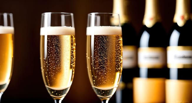 The image shows three glasses of champagne on a table with a bottle of champagne in the background.