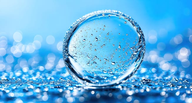The image is a close-up of a clear glass sphere sitting on a wet surface with water droplets surrounding it.