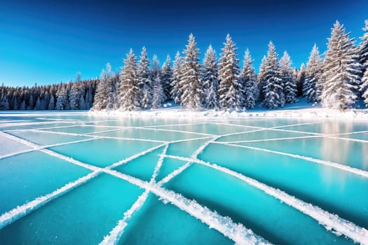 The image shows a frozen lake with snow covered trees and a blue sky in the background.