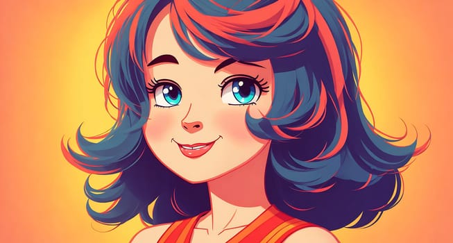 The image is a cartoon drawing of a young girl with long, curly red hair and blue eyes, wearing a yellow dress and smiling.