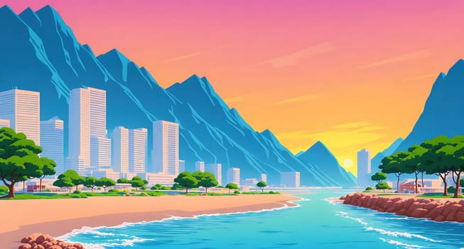 The image shows a scenic view of a mountainous landscape with a river running through it, with buildings and trees in the background.