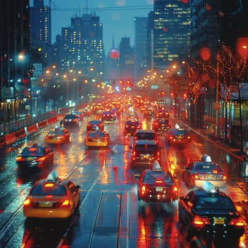 Nighttime City Traffic with Streaks of Headlights and Streetlights, The motion blur of lights suggests the pulse and flow of urban life after dark.