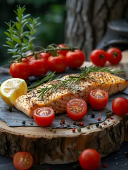 A delicious piece of salmon topped with cherry tomatoes and lemon slices, presented on a rustic wooden cutting board. A perfect dish for a natural foods enthusiast