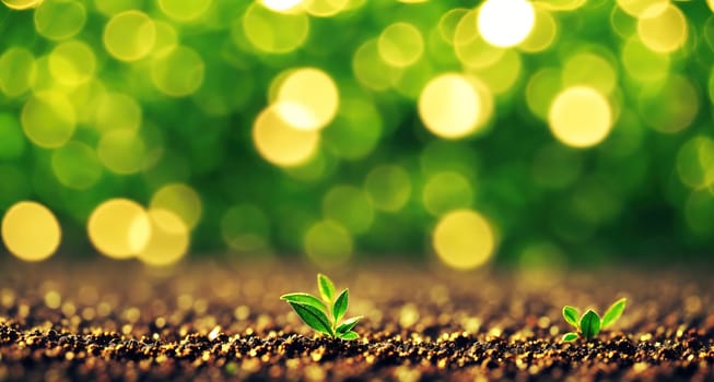The image shows a small green plant growing in a field with a blurred background.