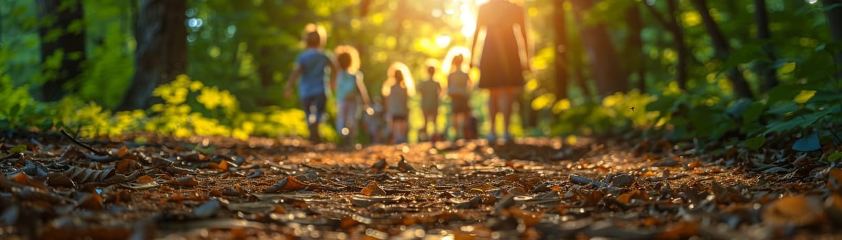 Nature Hiking Trail with Families Enjoying a Weekend Walk, The blur of movement amid greenery suggests the active pursuit of outdoor recreation.