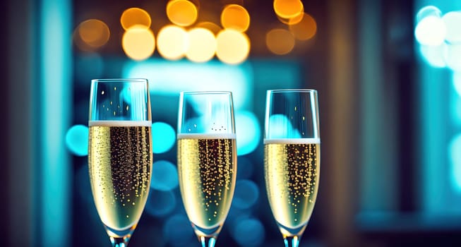The image shows three glasses of champagne on a table in front of a window with a city skyline in the background.