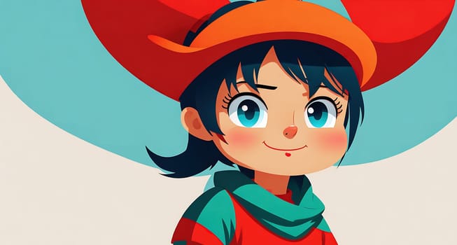 The image shows a young girl wearing a red and white striped shirt and a blue hat, standing in front of a white background.