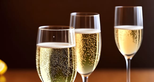 The image shows three glasses of champagne on a wooden table with a yellow background.