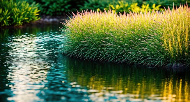 The image is a photograph of a small pond surrounded by tall grass and trees, with the sun setting in the background.