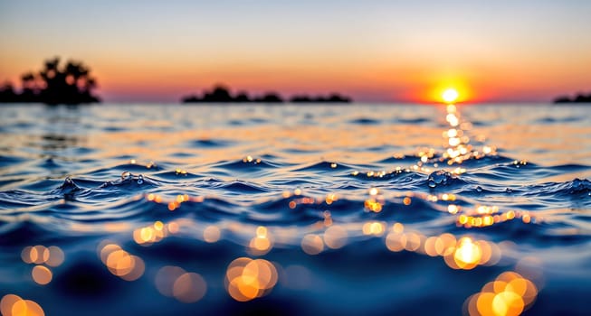 The image is a sunset over a body of water with a small island in the distance, with the suns rays reflected in the water creating a shimmering effect.