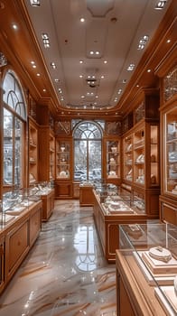 Upmarket Jewelry Store with Precious Gems in Elegant Disarray, The soft shimmer of jewels and glass cases suggests refinement and high-value transactions.