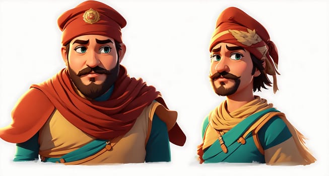 The image depicts two men in traditional Middle Eastern clothing, one with a beard and the other with a mustache, both wearing turbans and holding swords.