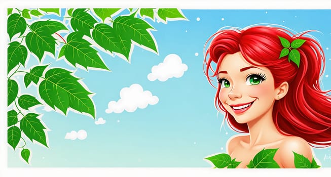 The image shows a young woman with long red hair and green leaves on her head, smiling and looking up at the sky.