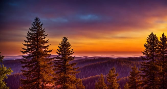 The image shows a sunset over a forest of pine trees, with the sun setting behind the trees and casting a warm glow over the landscape.