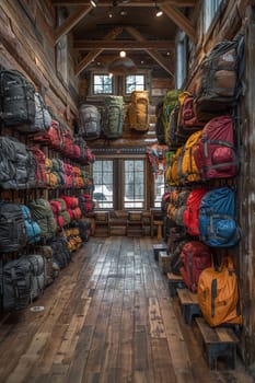 Outdoor Gear Store Equips Adventurous Spirits in Business of Exploration Retail, Hiking boots and gear displays equip a story of adventurous spirits and exploration retail in the outdoor gear store business.