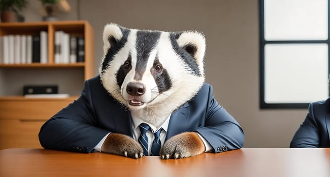 The image shows a businessman wearing a suit and tie sitting at a desk with a badger in a business suit sitting next to him.