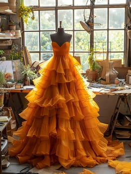 Fashion Designer Sketches Out Fresh Ideas in a Sunlit Studio, Creative designs come to life amidst the fabrics and sketches of a bright studio.