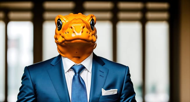 The image shows a man wearing a business suit and holding a mask of a dinosaur.