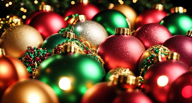 The image is a group of colorful Christmas ornaments hanging from a string in front of a green background.