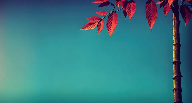 The image shows a tree with red leaves on a blue background.