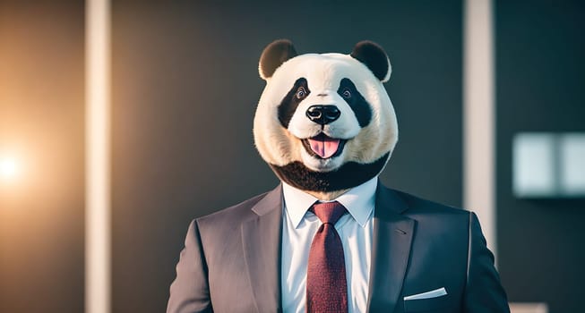 The image shows a man wearing a suit and tie holding a panda bear mask.