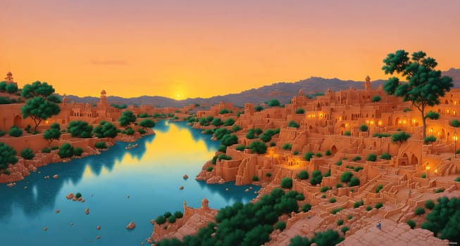 The image is a landscape painting of a small village nestled in the mountains, with a river running through it and a sunset in the background.