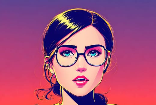 The image depicts a young woman wearing glasses and a white shirt, with her hair tied back in a ponytail.