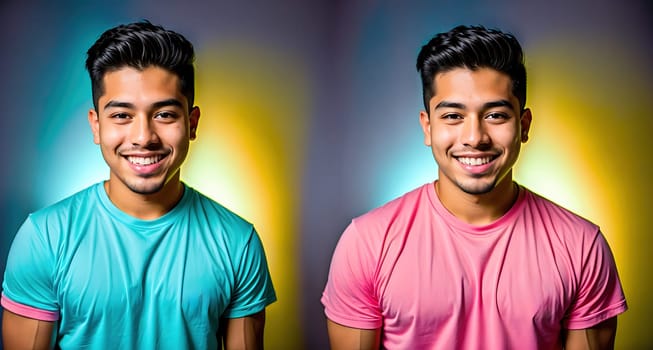 The image shows a young man wearing a pink shirt and smiling at the camera.