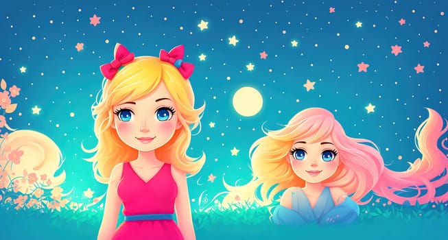 The image shows a girl standing in a field of flowers at night, looking up at the stars.
