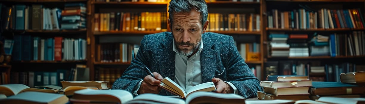 Business Leader Stays Informed with Industry Literature in Private Office, A moment of quiet study in an office lined with books and business journals.