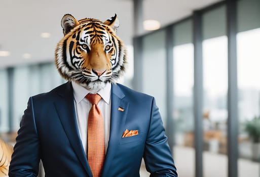 The image shows a man in a suit and tie standing in front of a large window with a tigers head on his head.