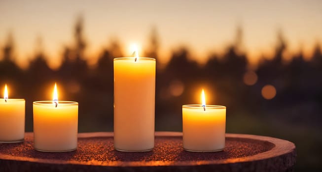 The image shows a group of three white candles placed on a wooden tray in front of a dark, misty background.