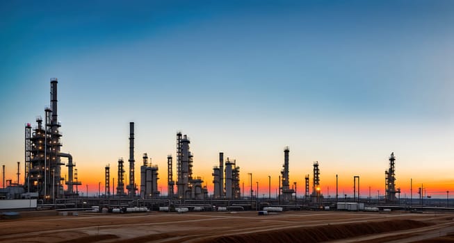 The image is a photograph of an oil refinery at sunset, with smokestacks and pipes in the foreground and a hazy sky in the background