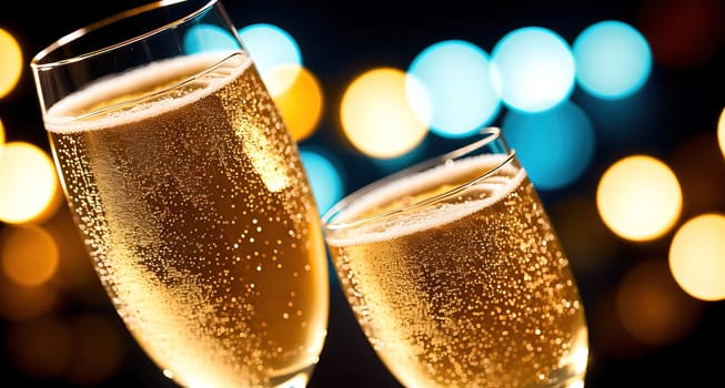 The image shows two glasses of champagne with bubbles rising to the top.