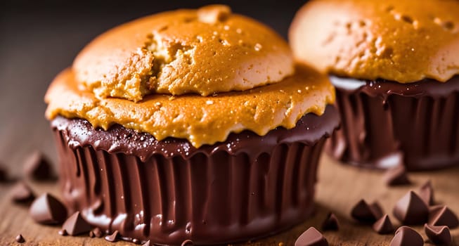 The image shows a chocolate cupcake with a peanut butter frosting and chocolate chips on top.