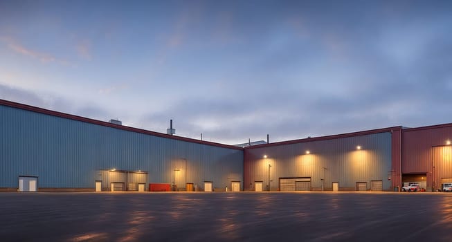The image shows a large, modern warehouse with large windows and a flat roof.