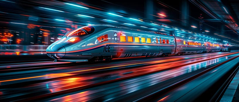 High-Speed Train Departing Station with a Blur of Movement, The streaks of the train convey the speed and connectivity of modern travel.