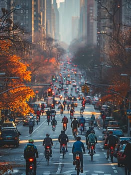 City Bicycle Path Advocates Sustainable Travel in Business of Eco-Friendly Commuting, Bicycle signals and urban cyclists advocate a story of sustainable travel and eco-friendly commuting in the city bicycle path business.