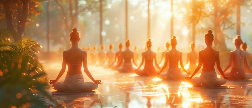 Serene Yoga Class in Session at a Sunlit Wellness Center, The tranquil blur of figures in poses against the morning light emphasizes balance and harmony.