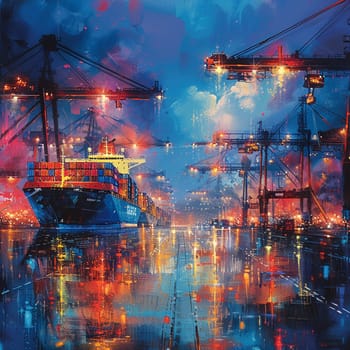 Bustling Commercial Port with Cargo Ships and Cranes, The blur of shipping containers and machinery signifies global trade and industry.