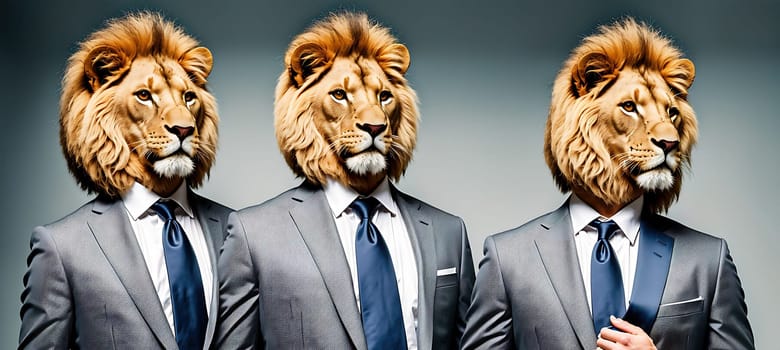 The image depicts a man wearing a suit and tie with a lions head on his shoulders.