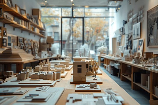 Spacious Architecture Firm with Models and Drafts in Motion, The blur of creative materials and focused architects suggests design and vision coming to life.