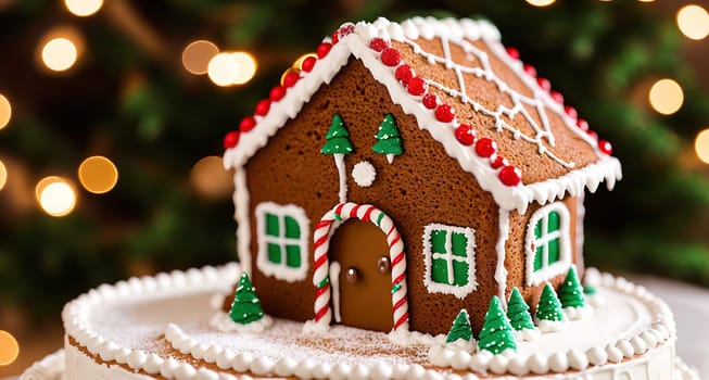The image is a white cake with a gingerbread house on top, surrounded by lights and decorations.