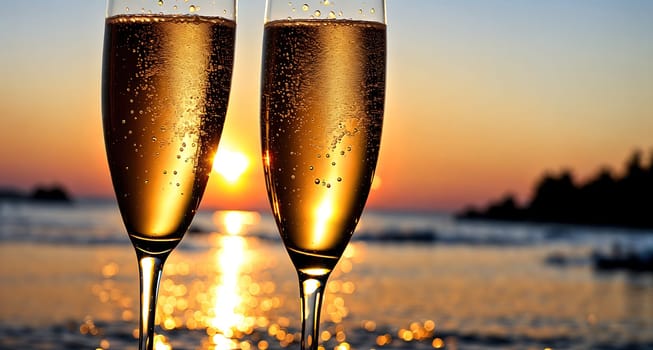 The image shows two glasses of champagne on a table in front of a body of water at sunset.